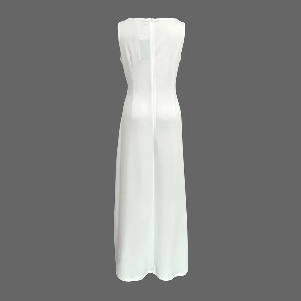 White Pleated Sleeveless A-Line Maxi Dress