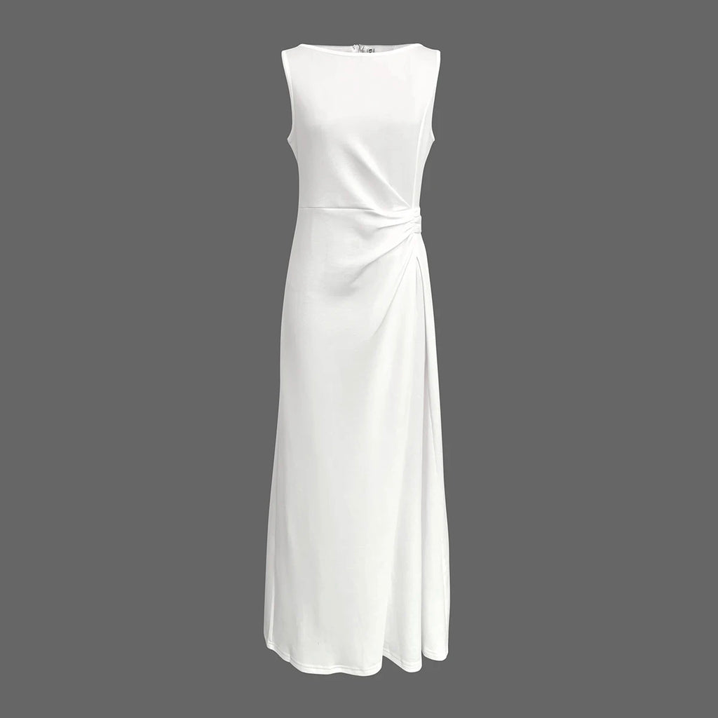 White Pleated Sleeveless A-Line Maxi Dress