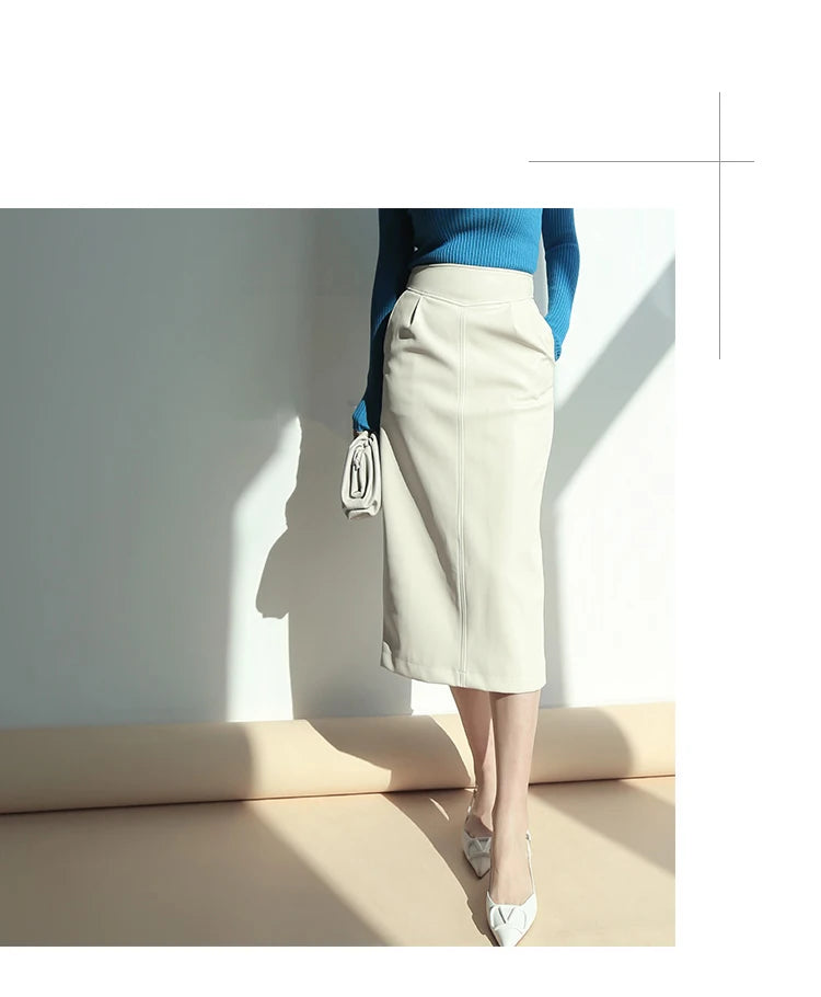 Women's Mid-Length Pu Leather High-Waisted Pencil Skirt