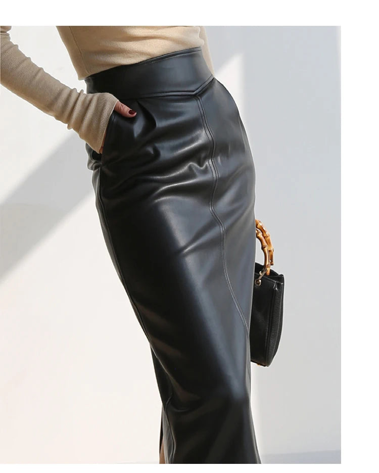 Women's Mid-Length Pu Leather High-Waisted Pencil Skirt