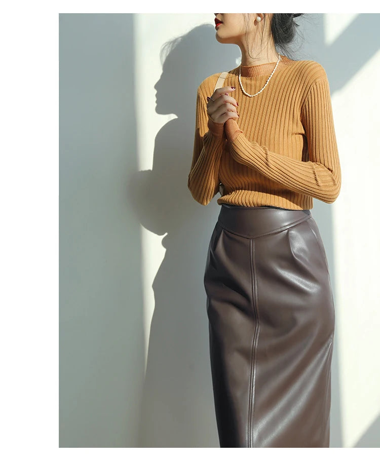 Women's Mid-Length Pu Leather High-Waisted Pencil Skirt