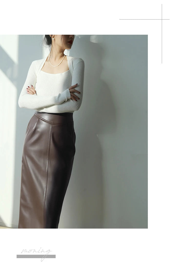 Women's Mid-Length Pu Leather High-Waisted Pencil Skirt