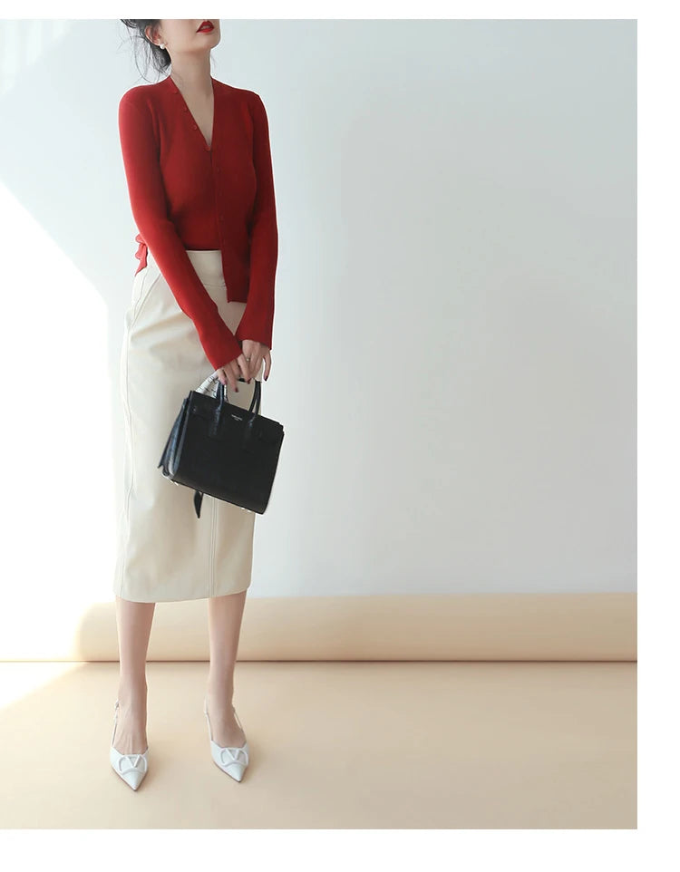 Women's Mid-Length Pu Leather High-Waisted Pencil Skirt