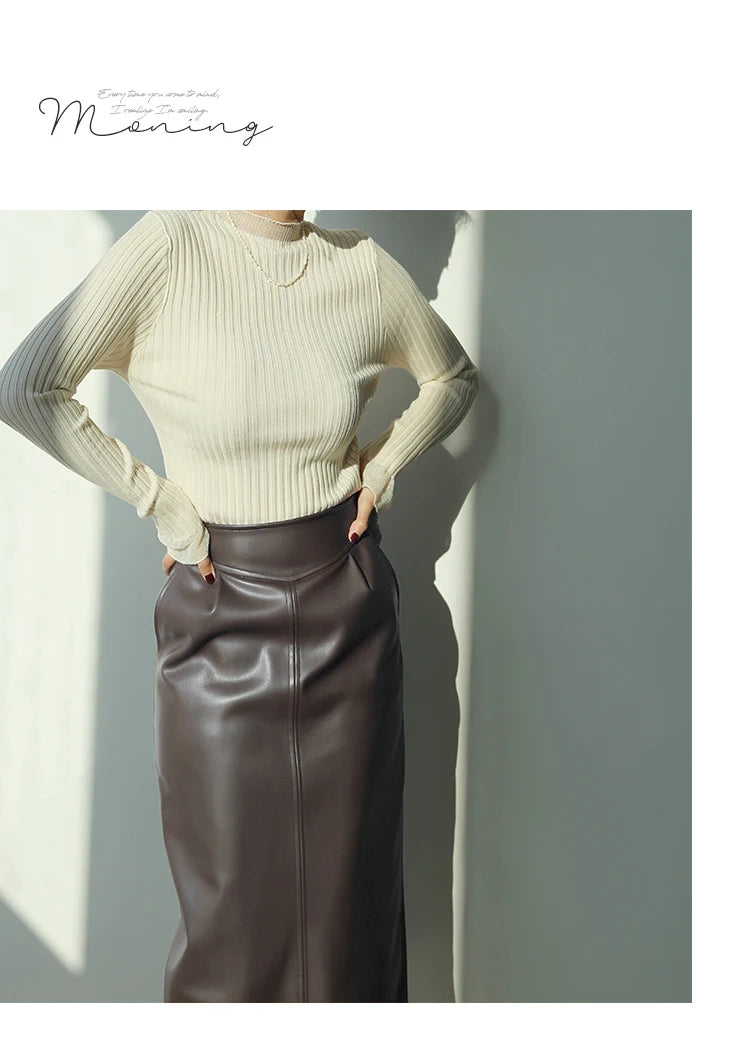 Women's Mid-Length Pu Leather High-Waisted Pencil Skirt