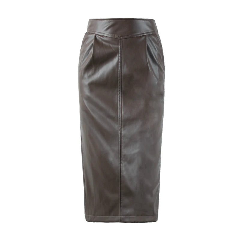 Women's Mid-Length Pu Leather High-Waisted Pencil Skirt