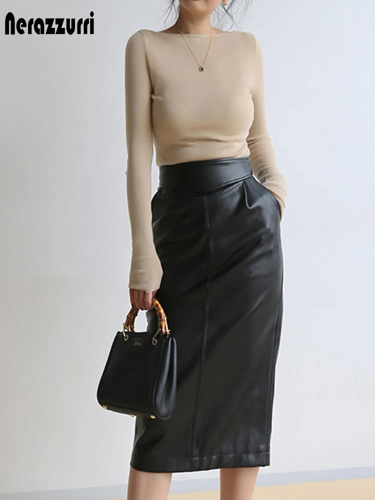 Women's Mid-Length Pu Leather High-Waisted Pencil Skirt