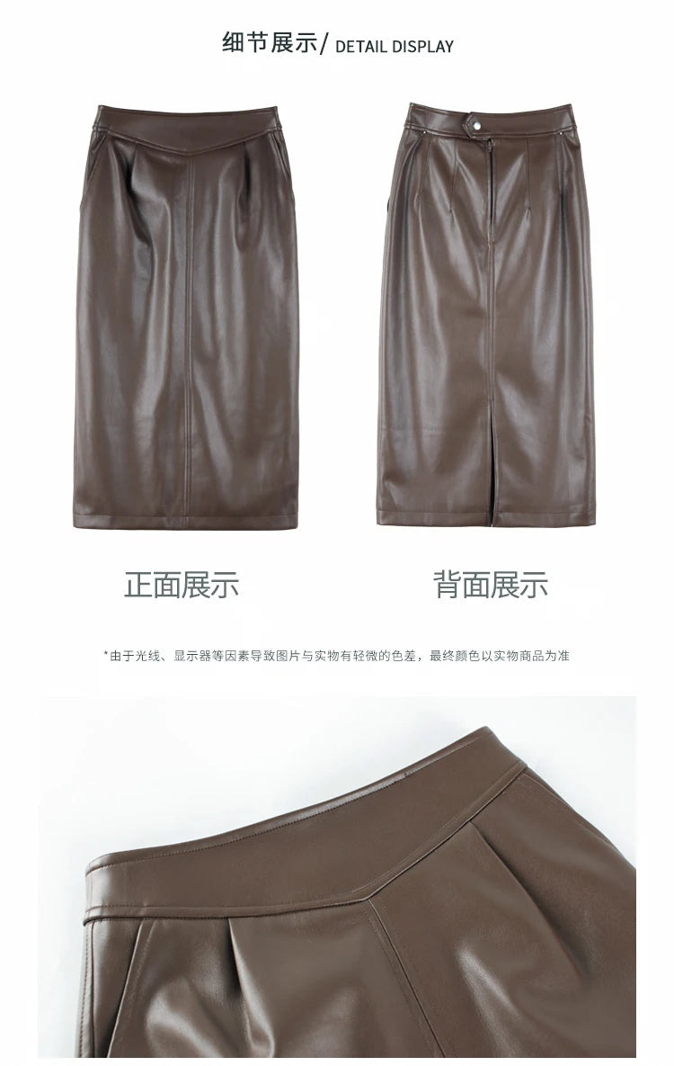 Women's Mid-Length Pu Leather High-Waisted Pencil Skirt
