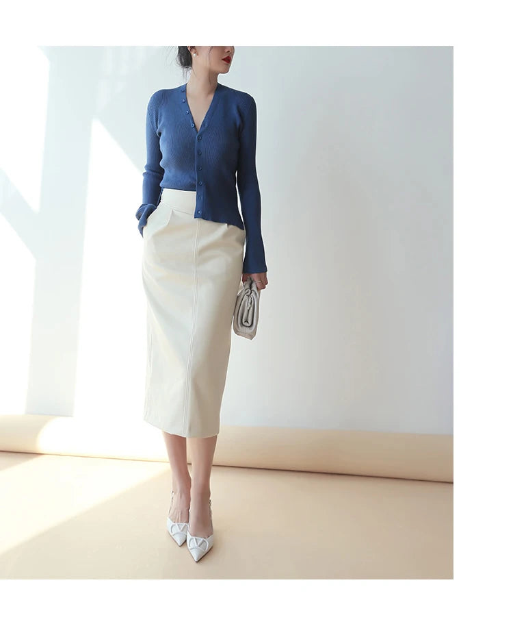 Women's Mid-Length Pu Leather High-Waisted Pencil Skirt
