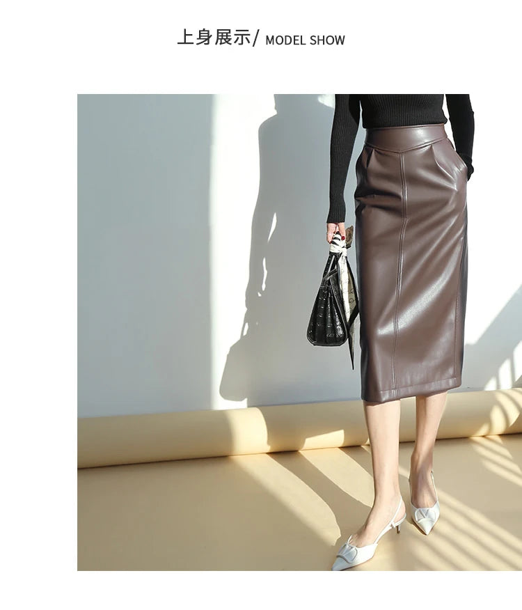 Women's Mid-Length Pu Leather High-Waisted Pencil Skirt