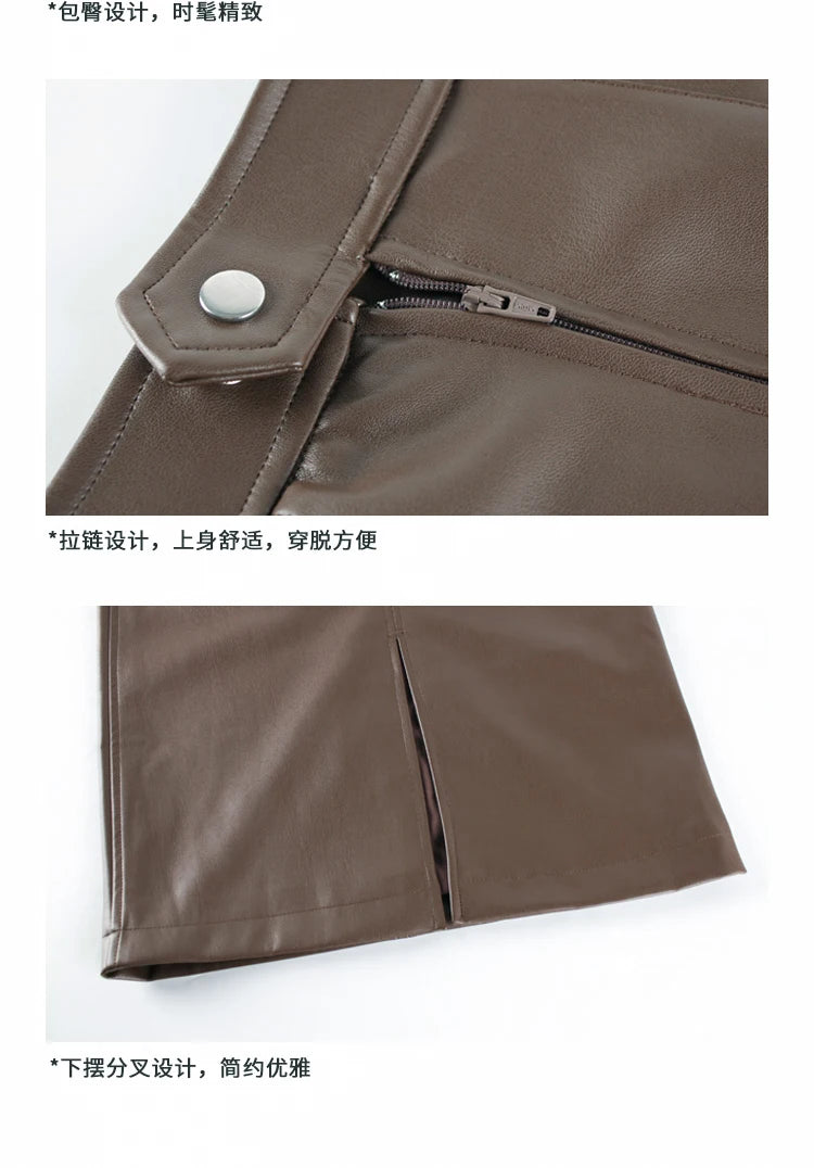 Women's Mid-Length Pu Leather High-Waisted Pencil Skirt