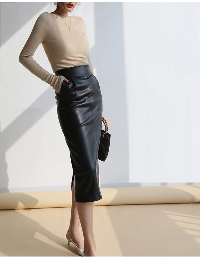 Women's Mid-Length Pu Leather High-Waisted Pencil Skirt