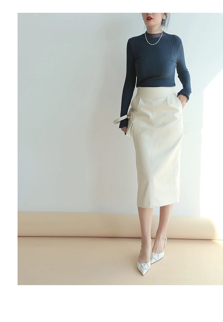 Women's Mid-Length Pu Leather High-Waisted Pencil Skirt