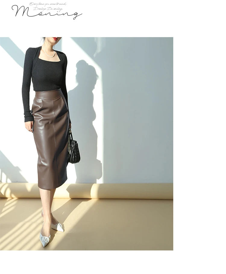 Women's Mid-Length Pu Leather High-Waisted Pencil Skirt