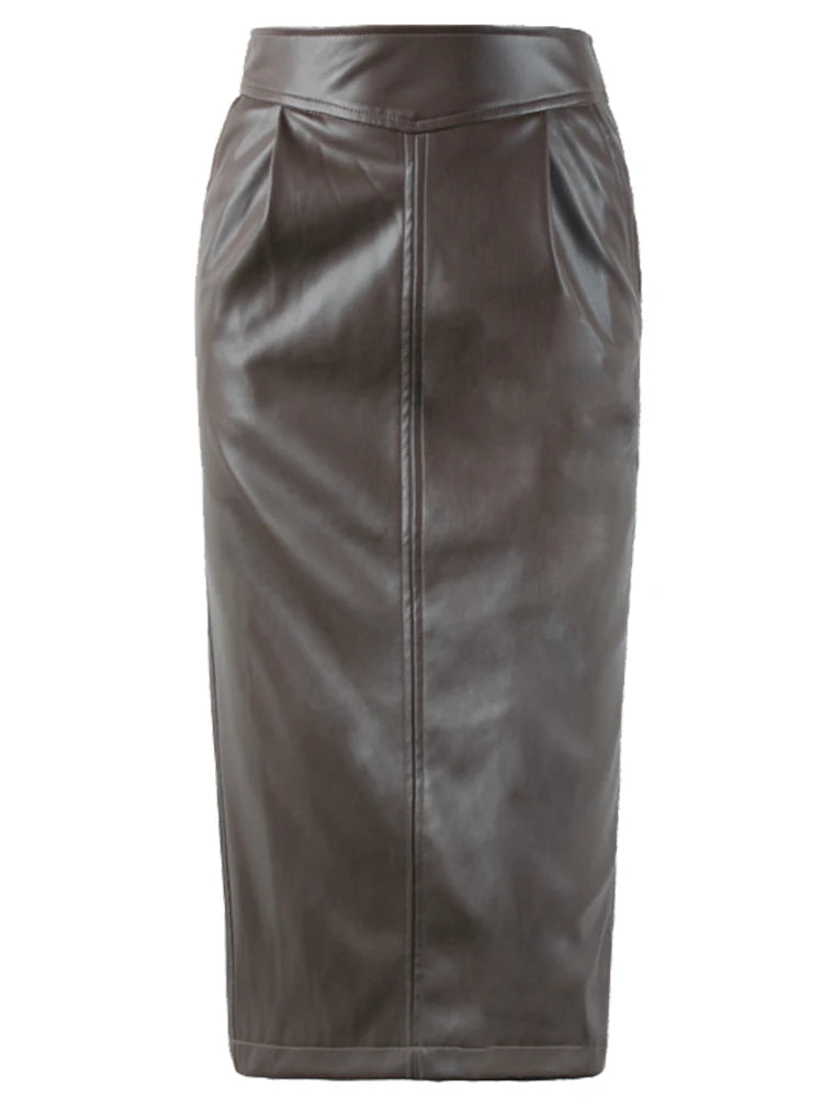 Women's Mid-Length Pu Leather High-Waisted Pencil Skirt