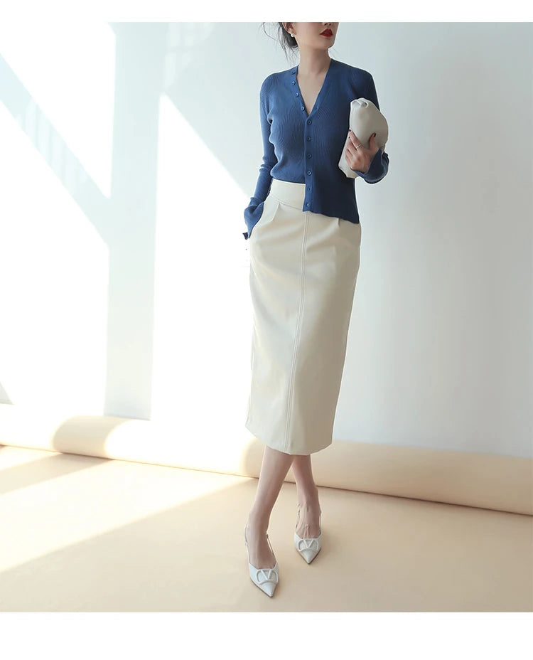 Women's Mid-Length Pu Leather High-Waisted Pencil Skirt