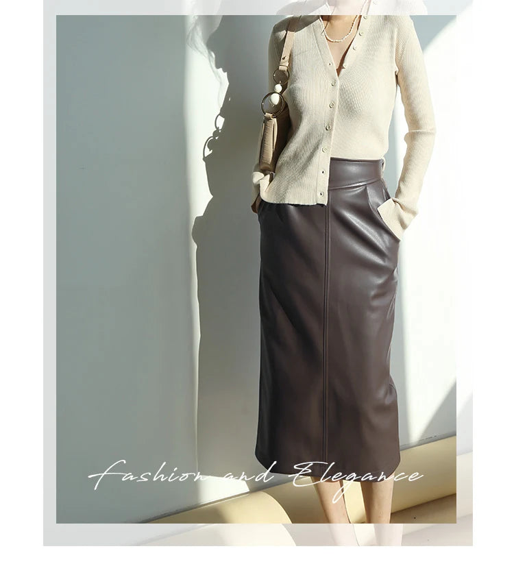 Women's Mid-Length Pu Leather High-Waisted Pencil Skirt