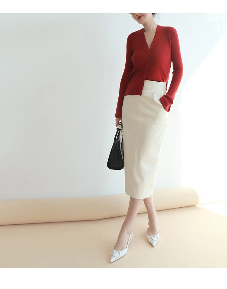 Women's Mid-Length Pu Leather High-Waisted Pencil Skirt