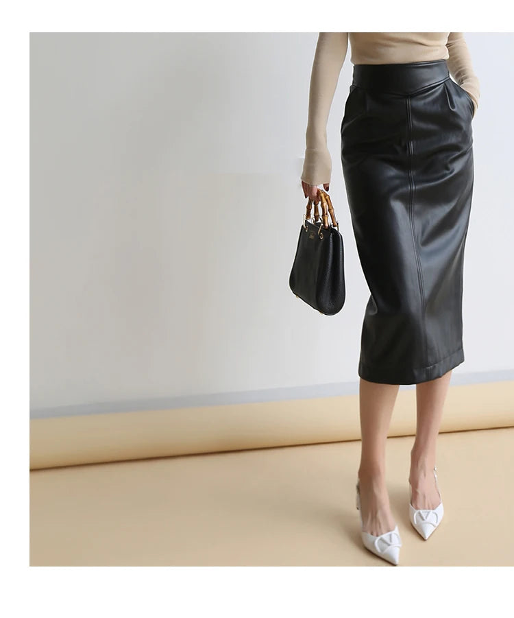 Women's Mid-Length Pu Leather High-Waisted Pencil Skirt