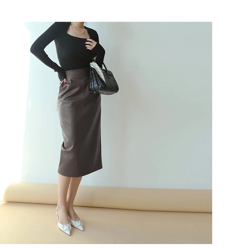 Women's Mid-Length Pu Leather High-Waisted Pencil Skirt