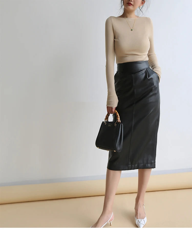 Women's Mid-Length Pu Leather High-Waisted Pencil Skirt