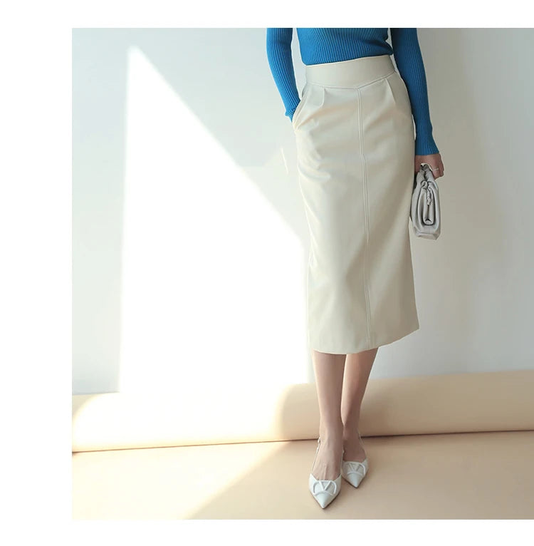 Women's Mid-Length Pu Leather High-Waisted Pencil Skirt