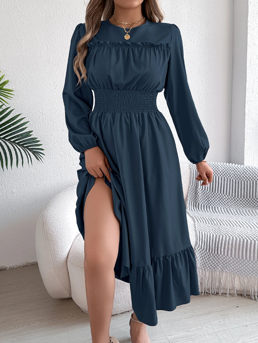 Women's Casual Elegant Round Neck Long Sleeved Waist Cinched Lotus Leaf Edge Dress