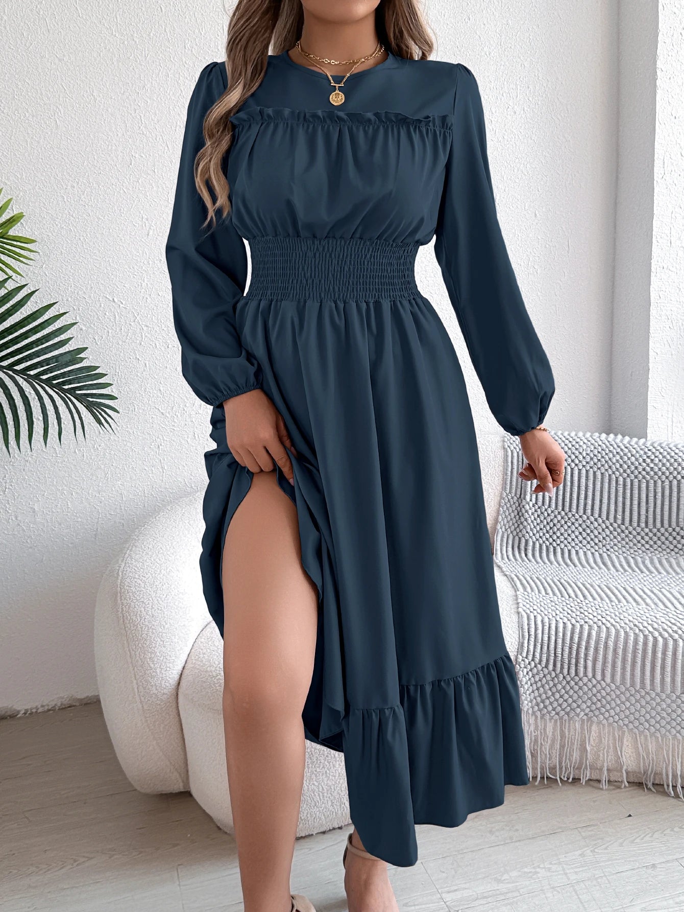 Women's Casual Elegant Round Neck Long Sleeved Waist Cinched Lotus Leaf Edge Dress
