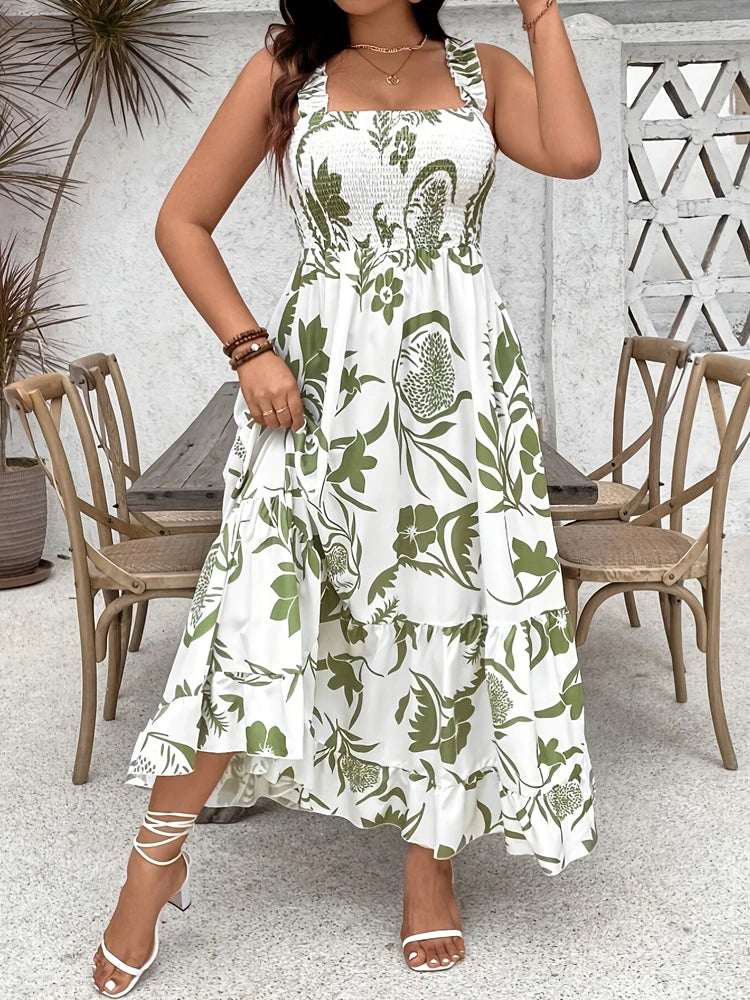 Plus Size Summer Floral Halter Dress with Ruffle Hem