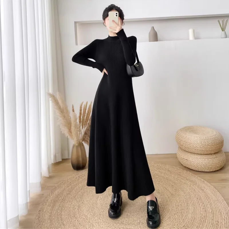 Solid Color Long Sleeve Knitted Dress with Turtleneck