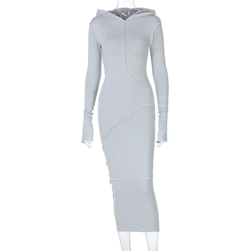 Long Sleeve Hooded Patchwork Skinny Maxi Dress