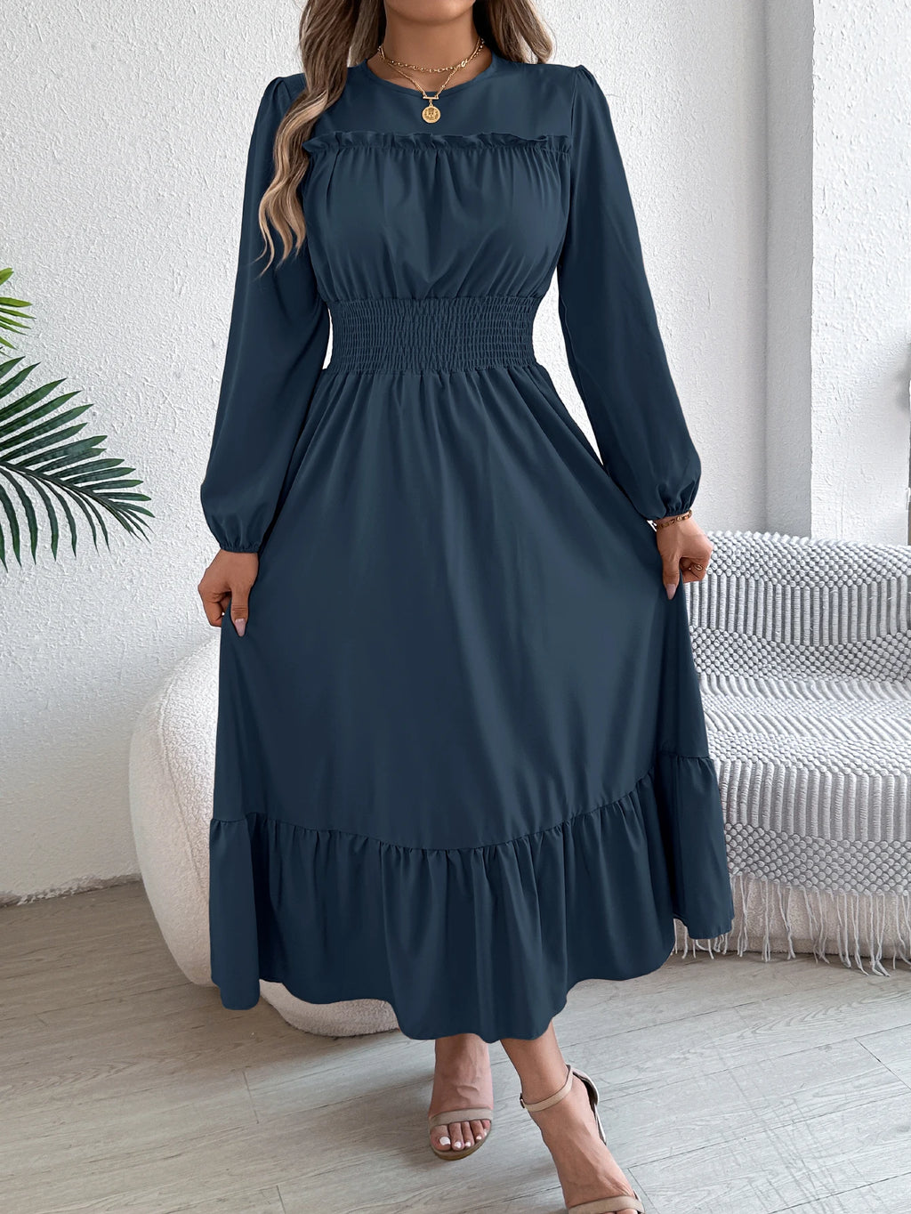 Women's Casual Elegant Round Neck Long Sleeved Waist Cinched Lotus Leaf Edge Dress