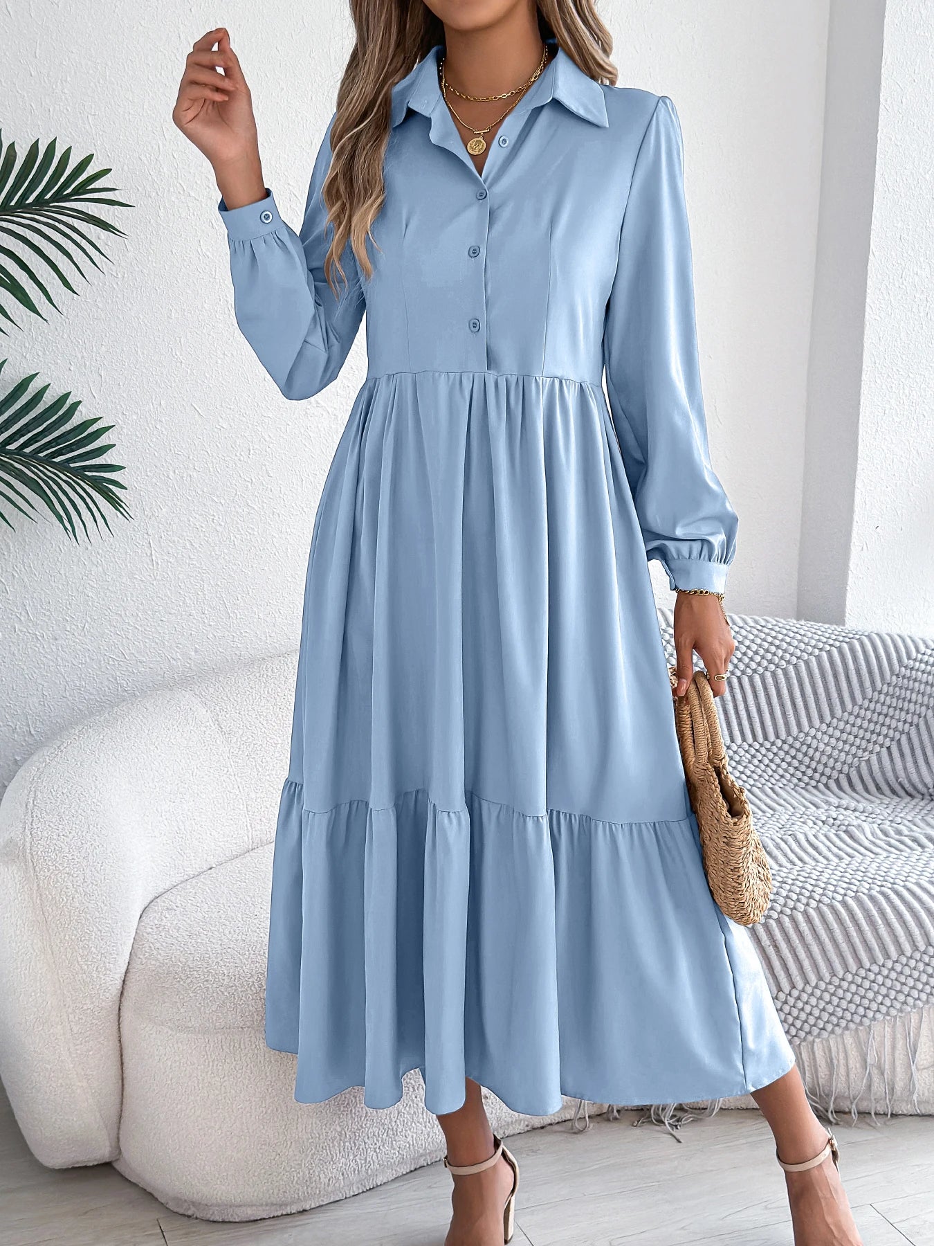Women's Casual Button Down Long Sleeved Dress