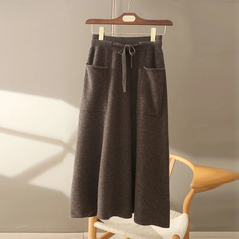 100% Pure Cashmere Wool Women's A-Line Skirt w/Pocket