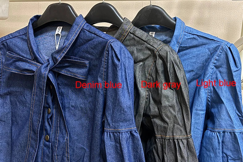 Denim Blouse with Long Puff Sleeves and Bow