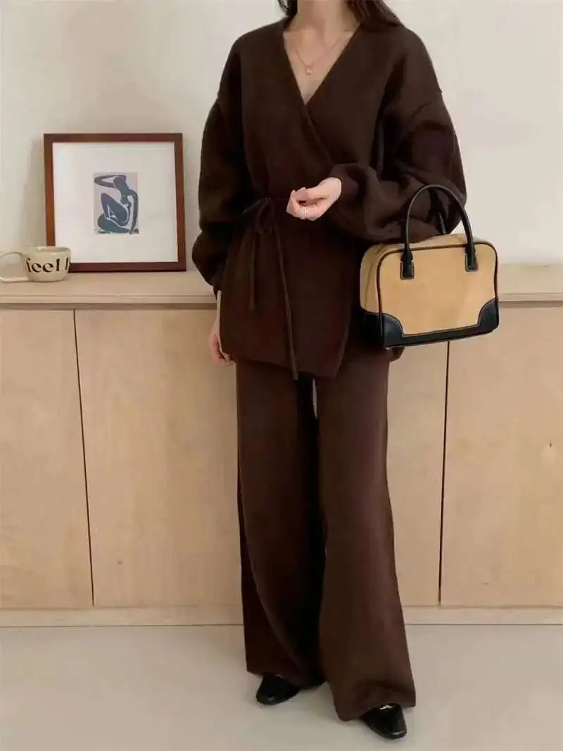 Casual Long Sleeve Sweater And High Waist Trousers Knit Set