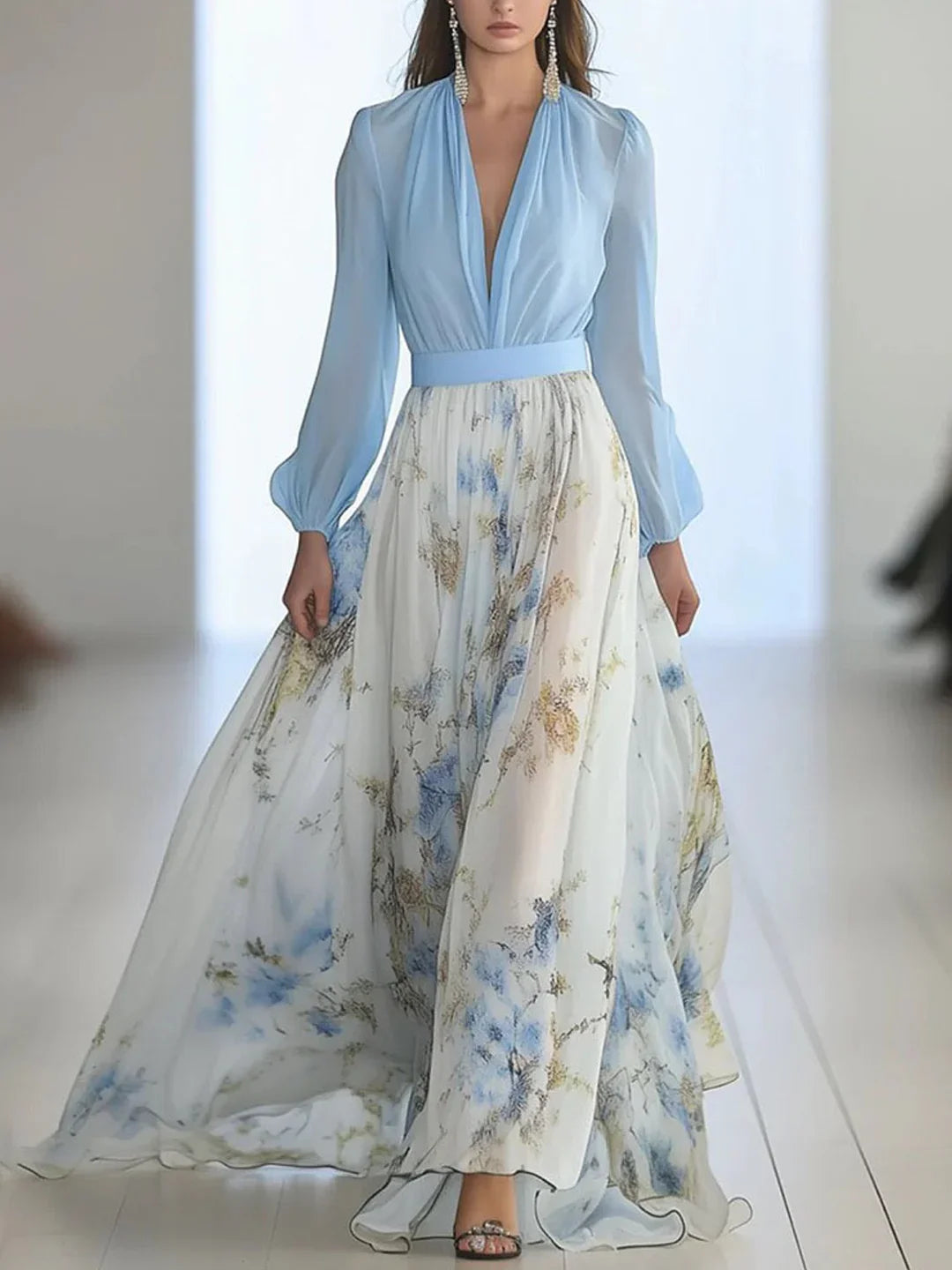 Loose A-Line Blue Long Sleeve V-Neck Floral Print Maxi Dress