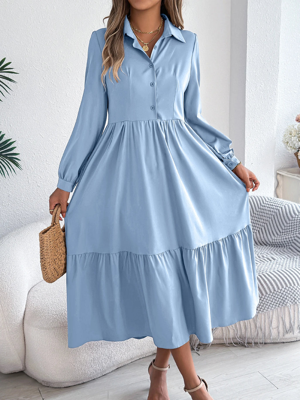 Women's Casual Button Down Long Sleeved Dress