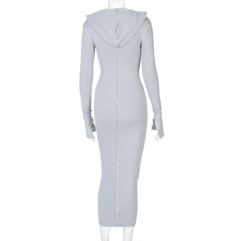 Long Sleeve Hooded Patchwork Skinny Maxi Dress