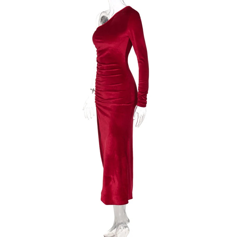 Elegant Long Sleeve Velvet Evening Dress w/Slit