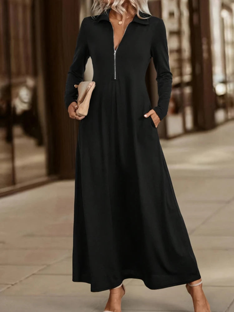 Elegant Solid Maxi with Long Sleeve Shirt Dress