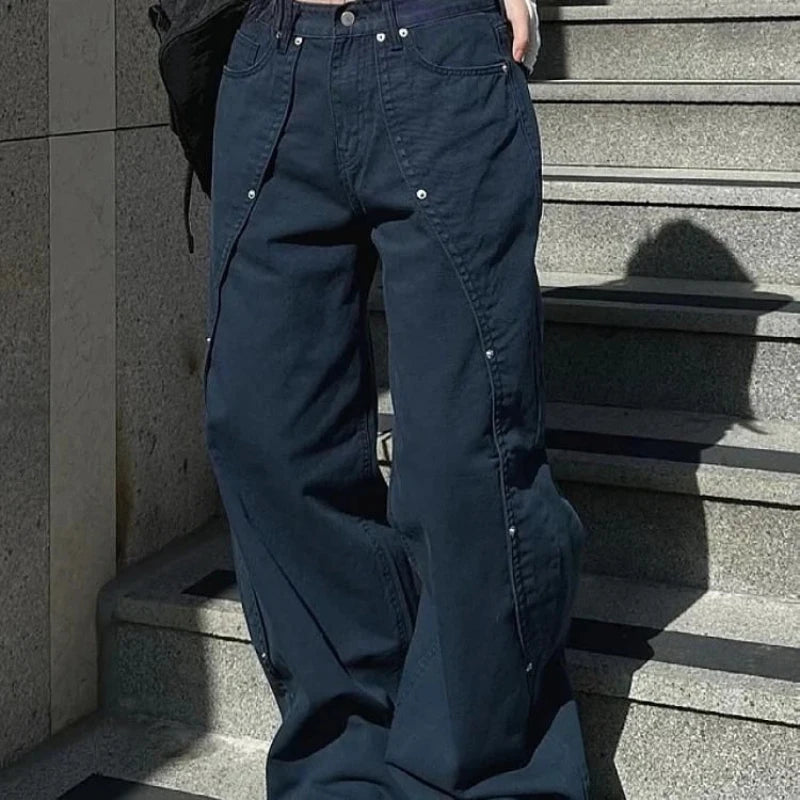 Relaxed Loose Fit Wide Leg Trousers with Rivet Patchwork Split Design
