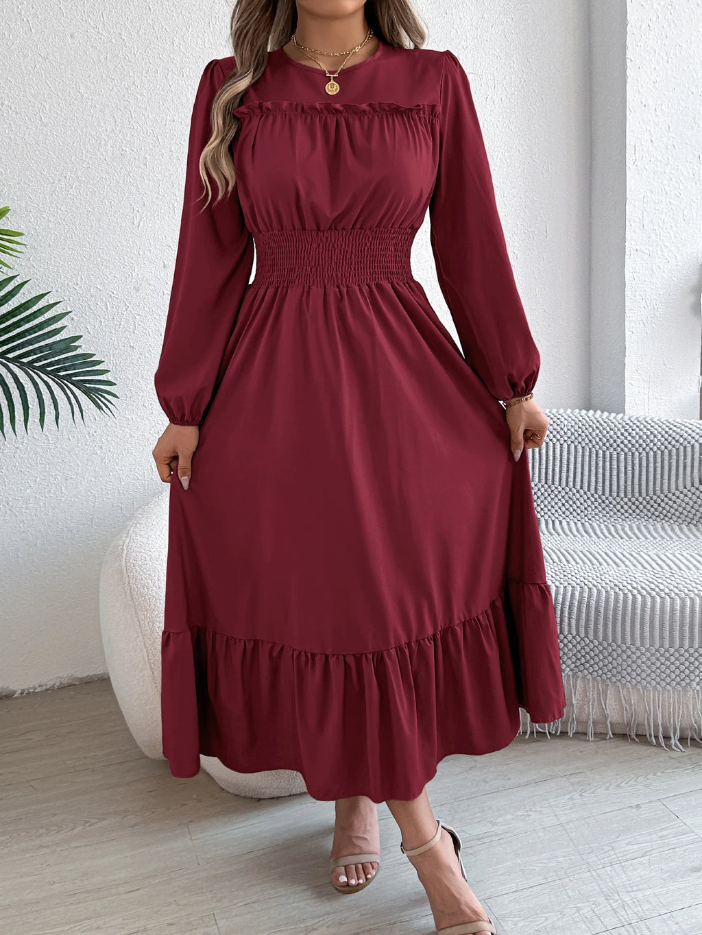Women's Casual Elegant Round Neck Long Sleeved Waist Cinched Lotus Leaf Edge Dress