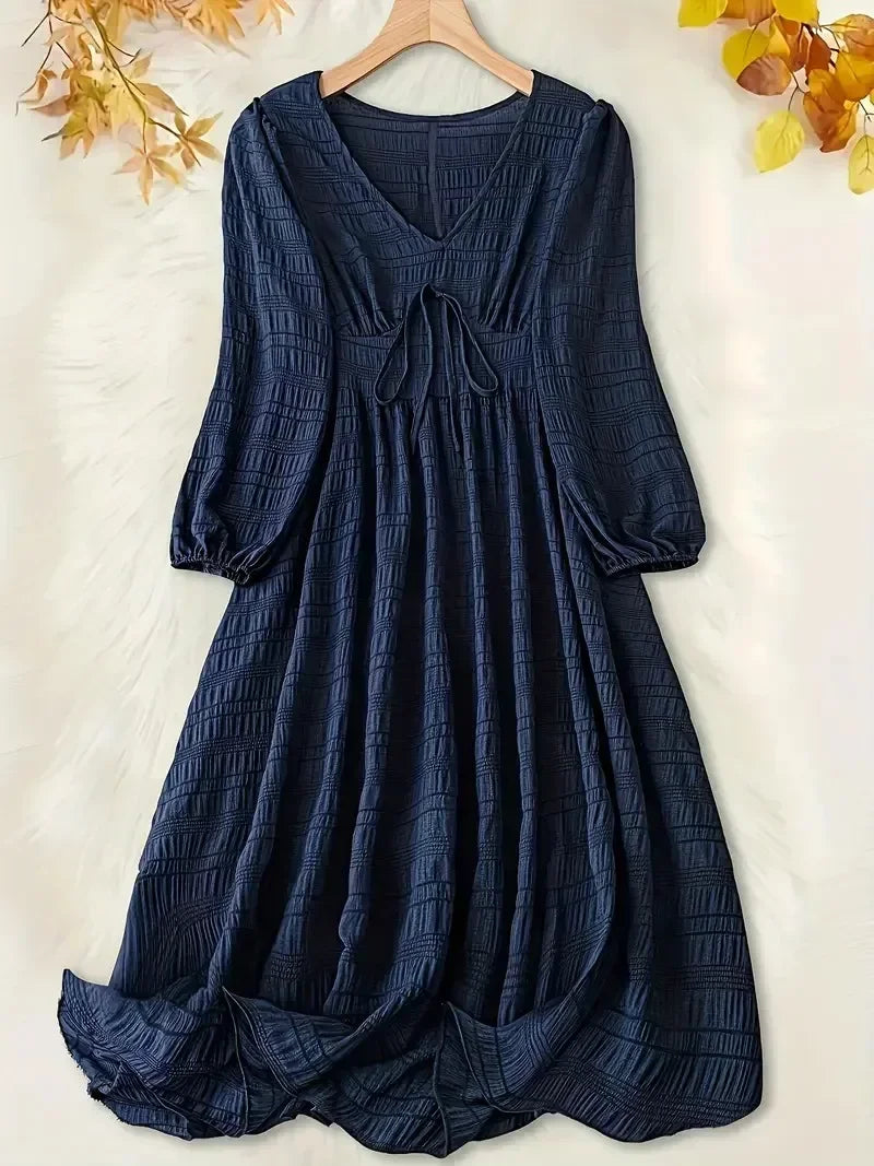 Plus Size Women's  Dress with Textured Lantern Sleeves and V-Neck Tie Front Midi Dress