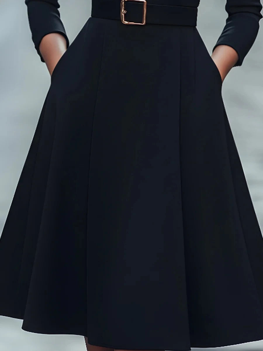 Waist slimming V-neck long-sleeved belted A-shaped dress