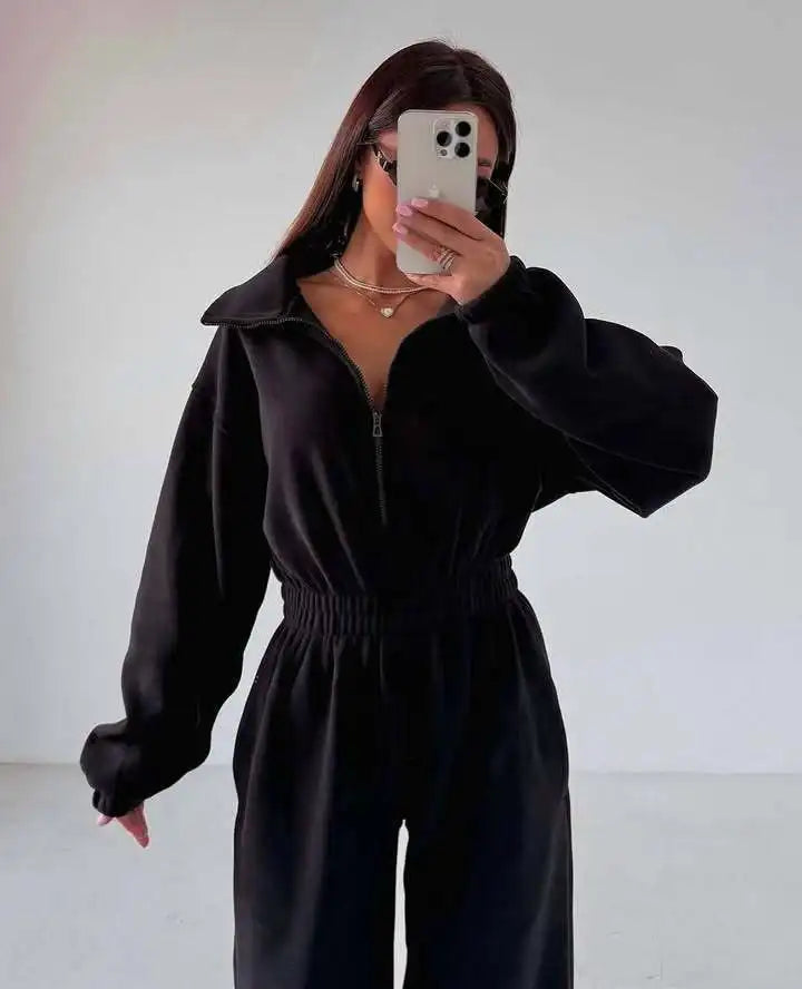 Sporty Long Sleeve Half-Zip Sports Jumpsuit with Lapel