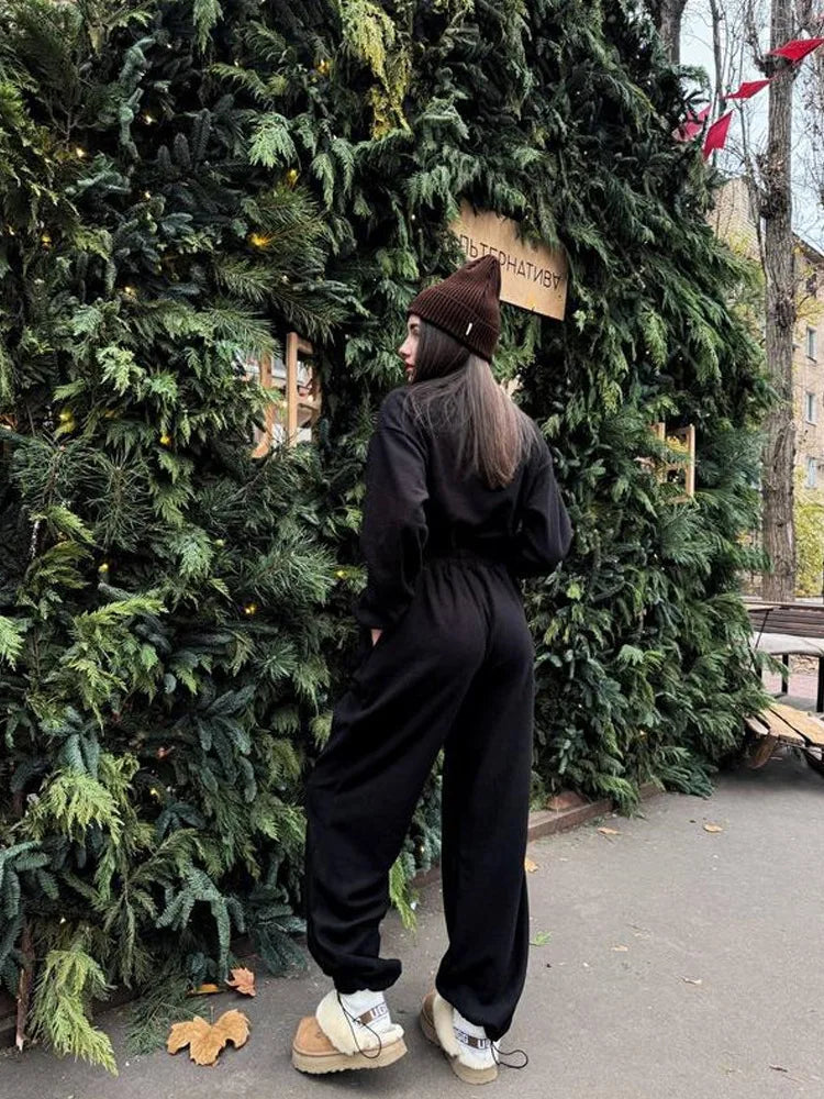 Sporty Long Sleeve Half-Zip Sports Jumpsuit with Lapel