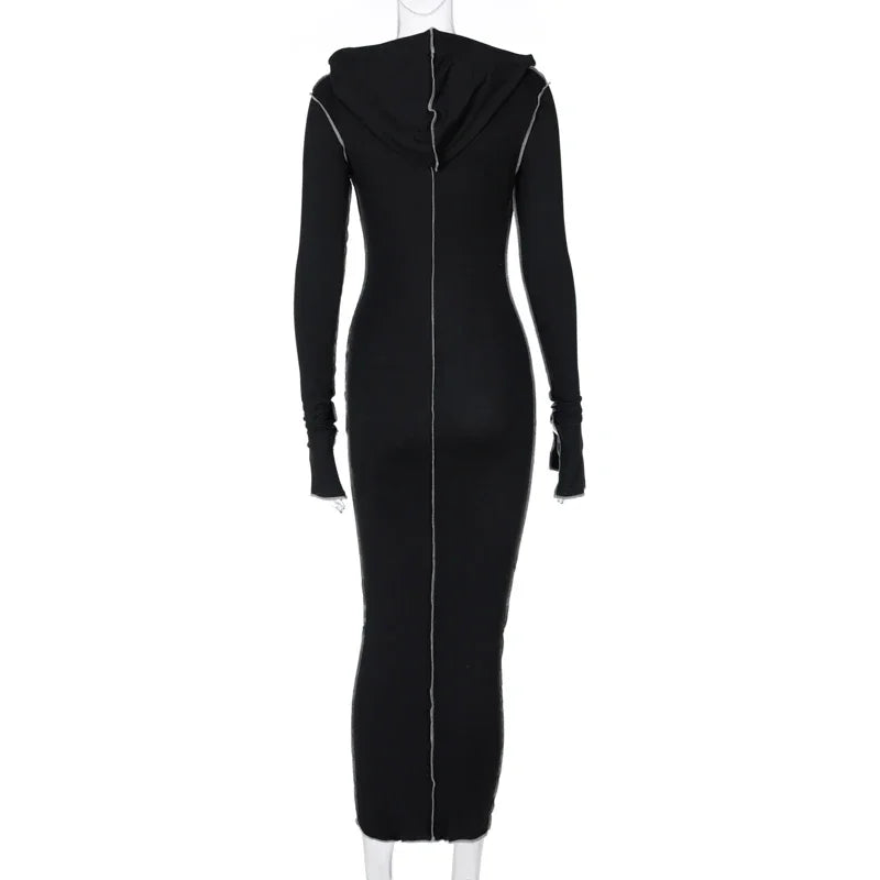 Long Sleeve Hooded Patchwork Skinny Maxi Dress