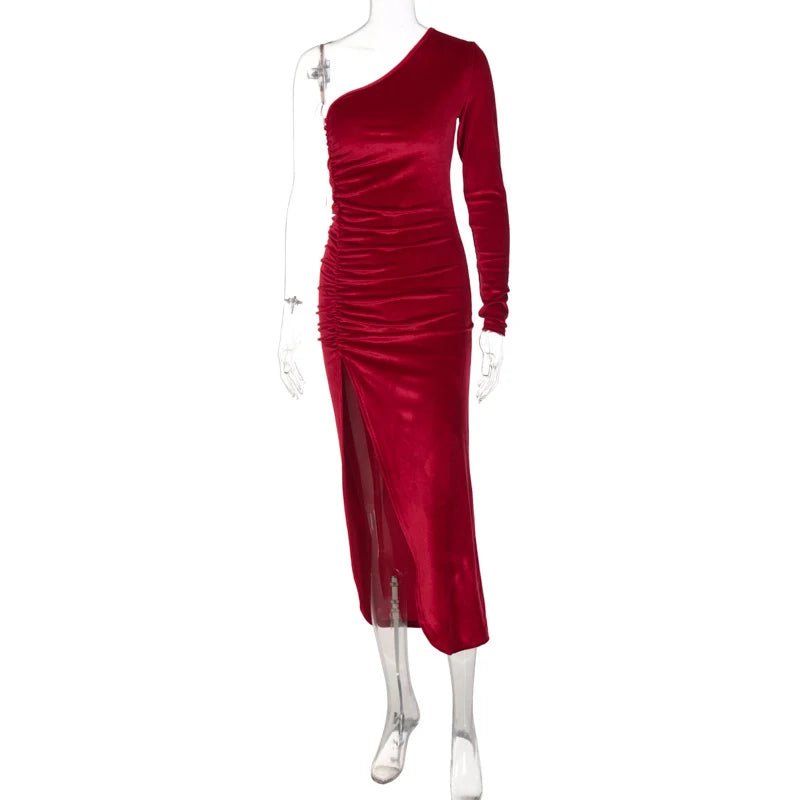 Elegant Long Sleeve Velvet Evening Dress w/Slit