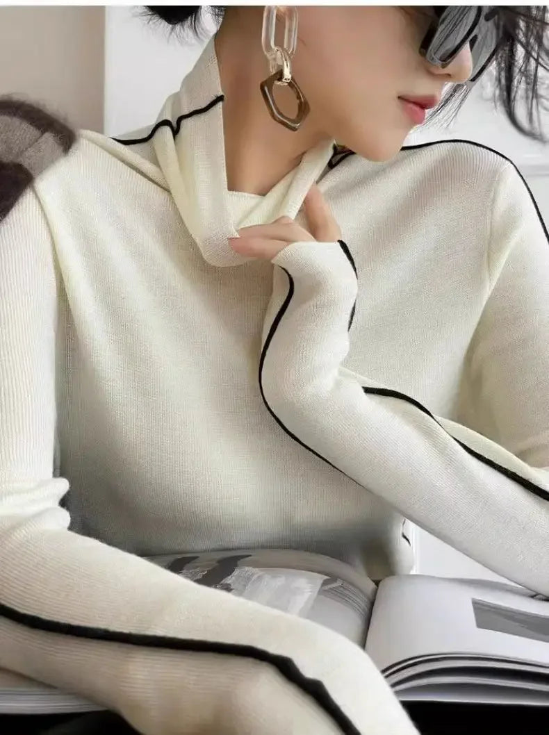 Long Sleeve Knit Turtleneck with Striped Sleeves Sweater Top