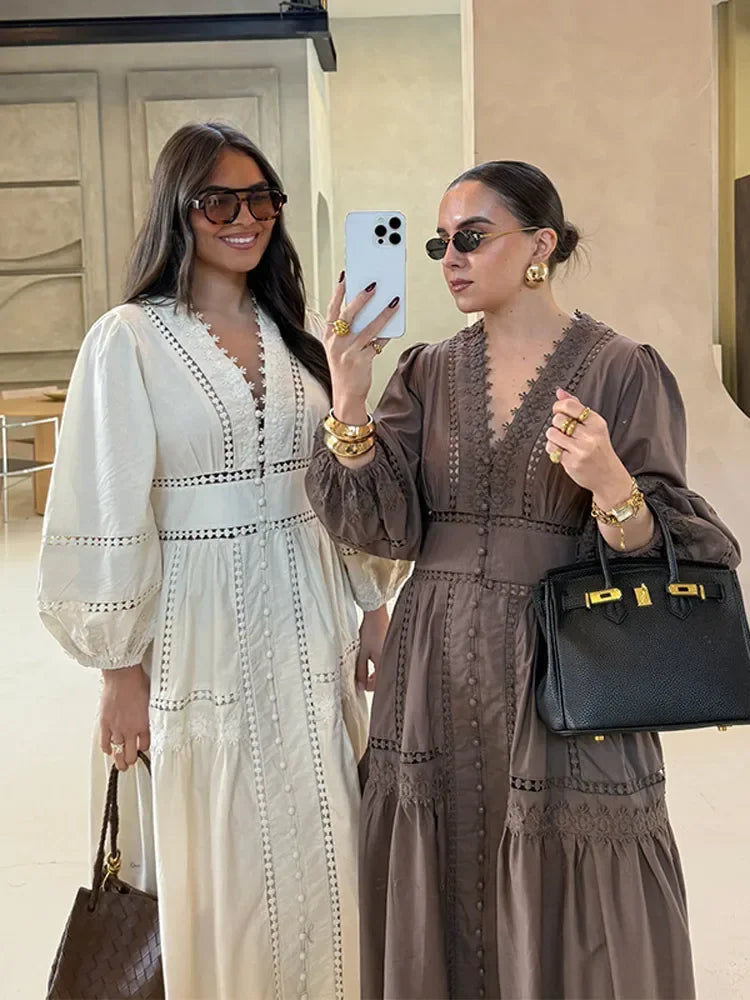 Lace Cut Out Long Puff Sleeve Maxi Dress